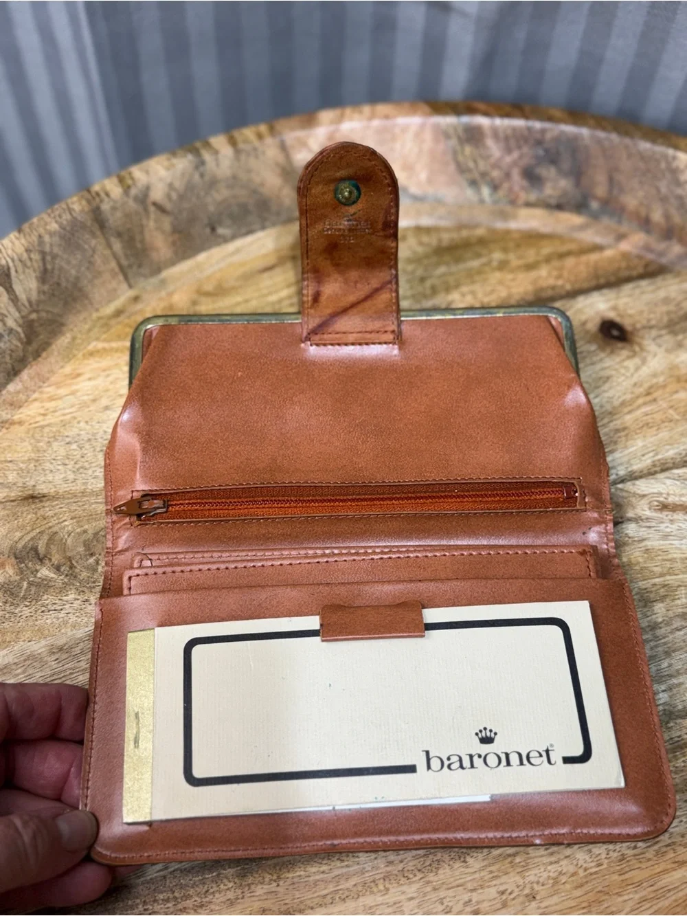 Vintage Leather Wallet Baronet Cognac Kiss Lock Organizer